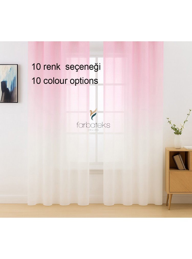 Degrade Tül Pembe Pudra Renk Renkli Pembe Üstden Renk Geçişli Tül Perde